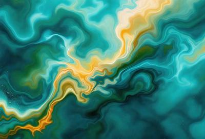 The primary subject of the image is a vibrant and colorful painting of a blue ocean with yellow and orange streaks. The painting is set against a dark blue background, creating a striking contrast. The visual style of the painting is a mix of digital art and traditional illustration, giving it a unique and artistic appearance. The dominant colors in the painting are blue, yellow, and orange, creating a lively and energetic atmosphere.