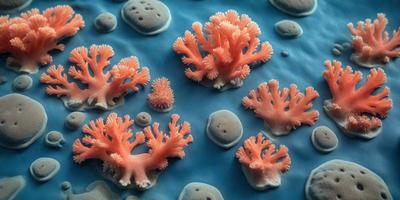 The primary subject of the image is a group of orange and pink coral-like objects, which are the main focus of the scene. They are placed on a blue surface, which serves as the background. The visual style of the image is a combination of photo and digital art, creating a vibrant and colorful atmosphere. The dominant colors in the image are orange and pink, which are prevalent in the coral-like objects, and blue, which is the color of the surface they are placed on.