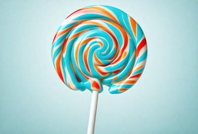 The primary subject of the image is a colorful lollipop with a blue, red, and yellow striped pattern. The lollipop is placed on a white surface, which serves as the background. The visual style of the image is a close-up of the lollipop, showcasing its vibrant colors and unique design. The overall atmosphere of the image is cheerful and playful, as the lollipop is a classic symbol of fun and indulgence.