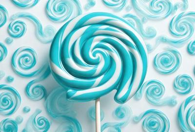The primary subject of the image is a blue and white striped lollipop. The lollipop is placed on a white surface, which serves as the background. The visual style of the image is a photo, capturing the lollipop in detail. The colors and mood of the image are predominantly blue and white, creating a clean and fresh atmosphere.