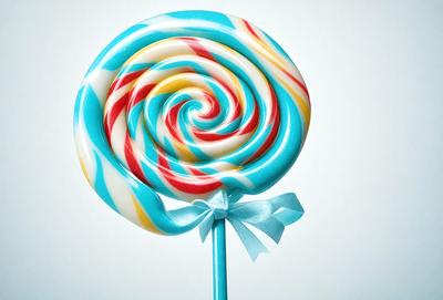 The primary subject of the image is a colorful lollipop with a blue and yellow striped pattern. The lollipop is placed on a white background, which creates a clean and contrasting appearance. The visual style of the image is a close-up of the lollipop, highlighting its vibrant colors and unique design. The overall atmosphere of the image is cheerful and playful, as the lollipop is a classic symbol of fun and indulgence.