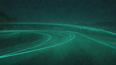 The primary subject of the image is a green light trail, which appears to be a neon or glowing effect. The setting is a dark night sky, with the light trail creating a striking contrast against the black background. The visual style of the image is a combination of digital art and illustration, as the light trail is skillfully rendered to create a captivating and unique visual effect. The colors and mood of the image are predominantly green, with the light trail emanating a sense of movement and energy.