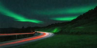 The primary subject of the image is a road with a green glow, likely due to the presence of neon lights. The setting is a grassy hillside, and the visual style appears to be a photo. The dominant colors in the image are green and blue, creating a serene and peaceful atmosphere.