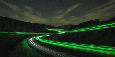 The primary subject of the image is a green light streak or glowing line, which appears to be a neon or light effect. The setting is a nighttime scene with a dark sky, and the visual style is a digital art or illustration. The colors and mood of the image are predominantly green, creating a unique and captivating atmosphere.