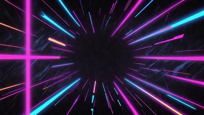 The primary subject of the image is a brightly colored, swirling, and pulsating light. The light appears to be a neon or glowing effect, creating a visually striking and dynamic scene. The setting or background of the image is a dark, starry night, which contrasts with the bright light and adds to the overall atmosphere. The visual style of the image is a combination of digital art, illustration, or a pattern, as it captures the movement and energy of the light. The colors and m
