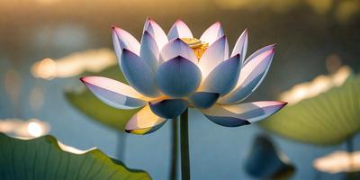 The primary subject of the image is a large, beautiful white flower with a gold center. The flower is sitting on top of a green leaf, which is located in a pond. The setting is a serene, natural environment with the flower being the main focus of the image. The visual style is a close-up of the flower, showcasing its intricate details and beauty. The colors and mood of the image are predominantly green and serene, with the gold center of the flower adding a touch of warmth and