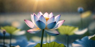 The primary subject of the image is a large, beautifully colored flower, possibly a lotus, sitting in a body of water. The setting is a serene environment with a blue sky and a sunny day. The visual style of the image is a photo, capturing the vibrant colors and details of the flower. The colors and mood of the image are predominantly blue and sunny, creating a peaceful and calming atmosphere.