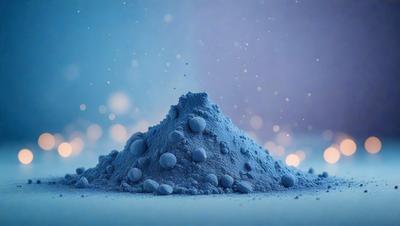 The primary subject of the image is a blue substance, possibly a powder or a pile of blue balls, sitting on a blue surface. The setting appears to be a dark room with a blue background, giving the scene a moody and mysterious atmosphere. The visual style of the image is a close-up of the blue substance, emphasizing its texture and color.