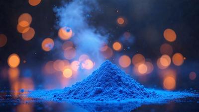 The primary subject of the image is a blue substance, possibly a powder or a smoke, that is rising upward. The setting is a dark background, which contrasts with the blue substance, creating a striking visual effect. The visual style appears to be a combination of a photo and digital art, as the blue substance seems to be floating in the air. The colors and mood of the image are predominantly blue, giving it a cool and mysterious atmosphere.
