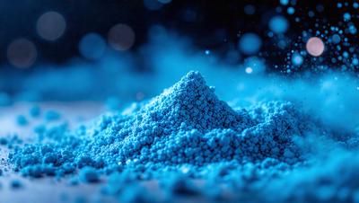 The primary subject of the image is a blue substance, possibly a powder or a liquid, that is spreading out and forming a pile or a mountain. The setting appears to be a dark background, which contrasts with the blue substance. The visual style of the image is a close-up of the blue substance, showcasing its texture and color. The overall atmosphere of the image is one of intrigue and curiosity, as the viewer wonders about the nature of the blue substance and its purpose.