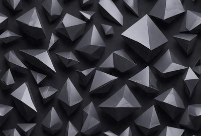 The primary subject of the image is a black background with a pattern of triangular shapes. The setting is a dark room, and the visual style appears to be a combination of a photo and digital art. The dominant colors are black and grey, creating a moody atmosphere.