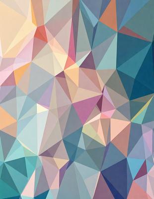 The primary subject of the image is a colorful geometric pattern, featuring a mix of blue, pink, yellow, and orange colors. The pattern is composed of triangles and other geometric shapes, creating a visually appealing and vibrant design. The setting or background of the image is a blue and pink sky, which adds to the overall atmosphere and mood of the scene. The visual style of the image is a combination of digital art and illustration, showcasing the artist's creativity and skill in crafting
