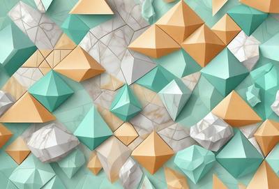 The primary subject of the image is a large, intricate, and colorful mosaic made of triangles. The setting is a marble wall, which serves as the backdrop for the mosaic. The visual style is a combination of digital art and illustration, creating a vibrant and eye-catching pattern. The dominant colors are blue, green, and orange, giving the mosaic a lively and energetic atmosphere.