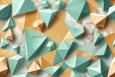 The primary subject of the image is a pattern of geometric shapes, primarily triangles, arranged in a visually appealing manner. The setting is a marble surface, which adds a sense of sophistication and elegance to the scene. The visual style is a combination of digital art and illustration, creating a unique and eye-catching design. The dominant colors in the image are blue and orange, which contribute to a vibrant and lively atmosphere.