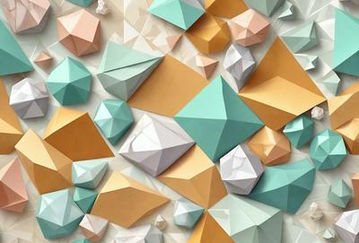 The primary subject of the image is a collection of geometric shapes, including triangles and diamonds, arranged in various patterns. The setting is a white wall, and the visual style appears to be a combination of digital art and illustration. The dominant colors in the image are blue, yellow, and orange, creating a vibrant and lively atmosphere.