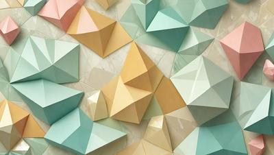 The primary subject of the image is a large, colorful wall display featuring a variety of geometric shapes and patterns. The display is made up of different colored triangles, which are arranged in a visually appealing manner. The setting is a white marble wall, which serves as a stunning backdrop for the vibrant display. The visual style of the image is a combination of digital art and illustration, creating a unique and eye-catching design. The dominant colors in the display are a mix of blue, green, yellow