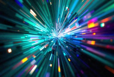 The primary subject of the image is a bright, colorful, and dynamic light tunnel. The light tunnel is filled with a multitude of colors, creating a vibrant and lively atmosphere. The setting is a space-like environment, with the light tunnel extending into the distance. The visual style of the image is a combination of digital art and illustration, showcasing the intricate details and patterns of the light tunnel. The colors and mood of the image are energetic and uplifting, with the bright colors and