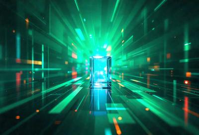 The primary subject of the image is a blue box, which is the main object in the scene. The setting is a futuristic environment, with a green background and a bright, colorful atmosphere. The visual style of the image is digital art, as it appears to be a computer-generated or digitally manipulated image. The colors and mood of the image are vibrant and energetic, with the blue box standing out against the green background.