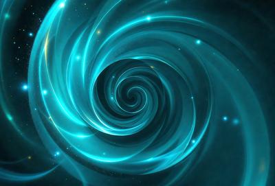 The primary subject of the image is a spiral pattern, which is a blue and white swirl. The setting is a dark background, which contrasts with the spiral pattern. The visual style is a digital art or illustration, as the spiral pattern appears to be a part of a larger design. The colors and mood of the image are predominantly blue and white, creating a sense of depth and complexity.