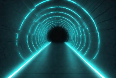 The primary subject of the image is a long, blue-lit tunnel. The setting is a dark, enclosed space with a blue light illuminating the tunnel. The visual style is a digital art or illustration, creating a futuristic and surreal atmosphere. The dominant colors are blue and black, with the blue light creating a sense of depth and mystery in the tunnel.