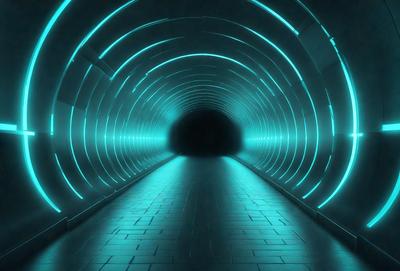 The primary subject of the image is a long, narrow, blue-lit tunnel. The setting is a dark, enclosed space with a blue glow illuminating the tunnel. The visual style is a digital art or illustration, creating a futuristic and surreal atmosphere. The dominant colors are blue and black, with the blue lighting creating a sense of depth and mystery.