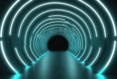 The primary subject of the image is a tunnel with a blue light illuminating it. The setting is a dark room, and the visual style appears to be a digital art or illustration. The dominant colors are blue and white, creating a cool and futuristic atmosphere.