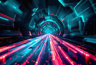 The primary subject of the image is a tunnel with a brightly colored, neon-like lighting. The setting is a futuristic environment, possibly a space station or a high-tech facility. The visual style is a combination of digital art and illustration, creating a vibrant and dynamic scene. The colors and mood are predominantly pink and blue, giving the image a sense of excitement and energy.