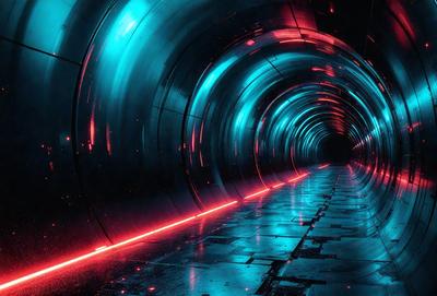 The primary subject of the image is a long, narrow tunnel with a blue light illuminating it. The tunnel appears to be made of metal, and the light creates a striking visual effect. The setting is a dark, enclosed space, and the visual style is a combination of a photo and digital art. The dominant colors are blue and black, creating a moody and atmospheric scene.