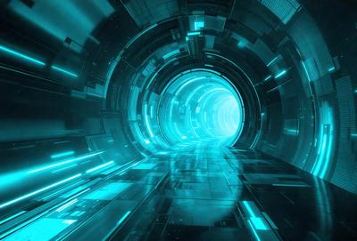 The primary subject of the image is a futuristic tunnel with a blue lighting effect. The tunnel appears to be a part of a larger structure, possibly a space station or a high-tech facility. The setting is a dark, futuristic environment, which adds to the overall mood of the image. The visual style of the image is a combination of digital art and illustration, creating a unique and captivating scene.