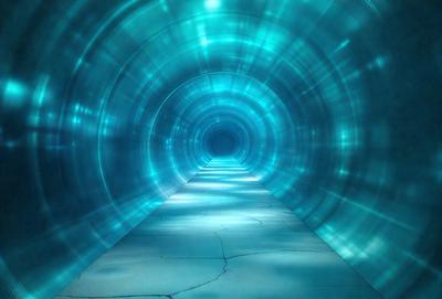 The primary subject of the image is a long, narrow, blue tunnel. The setting is a dark, enclosed space, and the visual style is a photo. The dominant colors are blue and black, creating a moody atmosphere.