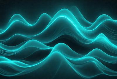 The primary subject of the image is a blue wave, which is the main focus of the scene. The setting is a dark background, which contrasts with the blue wave. The visual style is a digital art or illustration, as the wave appears to be a digital creation. The dominant colors are blue and black, creating a calm and serene atmosphere.