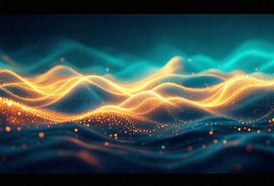 The primary subject of the image is a blue and yellow ocean wave. The setting is a dark blue ocean, and the visual style is a digital art or illustration. The dominant colors are blue and yellow, creating a vibrant and lively atmosphere.
