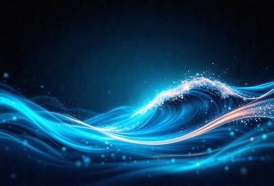 The primary subject of the image is a blue wave with a white foam. The wave is the main object, and it is set against a dark blue background. The visual style of the image is digital art, as it appears to be a computer-generated or digitally manipulated image. The dominant colors in the image are blue and white, creating a serene and calming atmosphere.