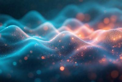 The primary subject of the image is a blue and orange wave pattern, which appears to be a digital art or illustration. The setting is a dark blue background, and the visual style is a combination of digital art and a pattern. The dominant colors are blue and orange, creating a vibrant and energetic atmosphere.