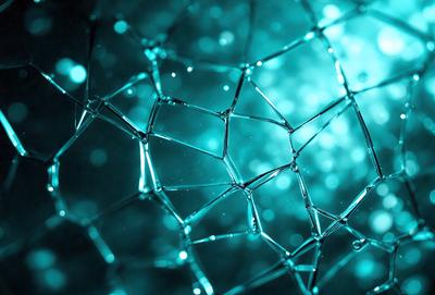 The primary subject of the image is a close-up of a blue, glass-like structure, possibly a sculpture or a piece of art. The setting is a dark background, which contrasts with the blue glass-like material. The visual style appears to be a combination of a photo and digital art, as the blue glass-like material has a unique and intricate design. The colors and mood of the image are predominantly blue, creating a sense of depth and intrigue.