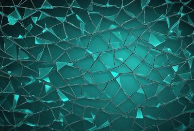 The primary subject of the image is a blue glass wall with a pattern of clear glass squares. The setting is a dark room, and the visual style is a close-up of the glass wall. The colors and mood of the image are predominantly blue, creating a calm and serene atmosphere.
