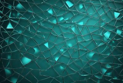 The primary subject of the image is a blue glass wall with a pattern of clear glass squares. The setting is a dark room, and the visual style is a close-up of the glass wall. The colors and mood of the image are predominantly blue, creating a calm and serene atmosphere.