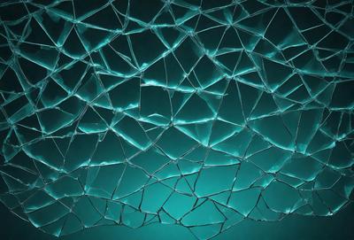 The primary subject of the image is a blue glass wall with a pattern of clear glass squares. The setting is a dark room, and the visual style is a close-up of the glass wall. The colors and mood of the image are predominantly blue, creating a calm and serene atmosphere.