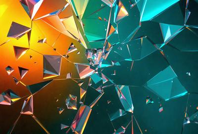 The primary subject of the image is a colorful, abstract, and artistic representation of a shattered glass. The setting is a dark background, which contrasts with the vibrant colors of the glass pieces. The visual style is a combination of digital art and illustration, creating a unique and eye-catching pattern. The dominant colors are blue, green, and orange, which contribute to the overall mood of the image, evoking a sense of creativity and artistic expression.