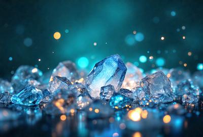 The primary subject of the image is a large blue crystal, which is the main focus of the scene. The setting is a dark blue background, which contrasts with the bright blue crystal. The visual style of the image is a digital art, as it appears to be a computer-generated or digitally manipulated image. The dominant colors in the image are blue, with the large blue crystal being the most prominent feature. The overall atmosphere of the image is one of beauty and elegance, as the large blue crystal stands out