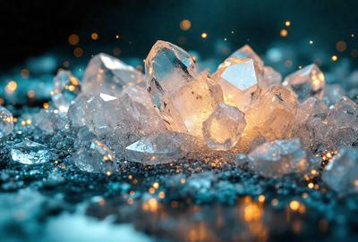 The primary subject of the image is a cluster of crystals, which are illuminated by a light source. The crystals are scattered on a surface, possibly a table or a countertop. The setting appears to be indoors, with a dark background that contrasts with the brightly lit crystals. The visual style of the image is a combination of photo and digital art, creating a unique and eye-catching display. The colors and mood of the image are predominantly dark, with the bright light