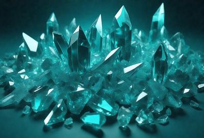 The primary subject of the image is a large pile of blue crystals, which are arranged in a visually appealing manner. The setting is a dark background, which contrasts with the bright blue crystals. The visual style of the image is a combination of photo and digital art, creating a unique and eye-catching display. The dominant colors in the image are blue and black, giving the scene a cool and sophisticated atmosphere.