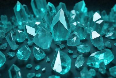 The primary subject of the image is a collection of blue crystals, which are the main objects in the scene. The setting is a dark background, which contrasts with the bright blue crystals. The visual style is a close-up of the crystals, showcasing their unique shapes and colors. The overall atmosphere is one of beauty and elegance, as the blue crystals create a striking and captivating display.