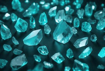 The primary subject of the image is a collection of blue crystals, which are the main objects in the scene. The setting is a dark background, which contrasts with the bright blue crystals. The visual style is a close-up of the crystals, showcasing their unique shapes and colors. The overall atmosphere is one of beauty and elegance, as the blue crystals create a striking and captivating display.