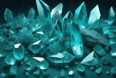 The primary subject of the image is a collection of crystals, including blue and green ones, arranged on a surface. The setting is a dark background, which contrasts with the vibrant colors of the crystals. The visual style appears to be a mix of photo and digital art, as the crystals are depicted in a realistic manner while the overall composition and arrangement of the crystals give the impression of a digital artwork. The colors and mood of the image are predominantly dark and moody