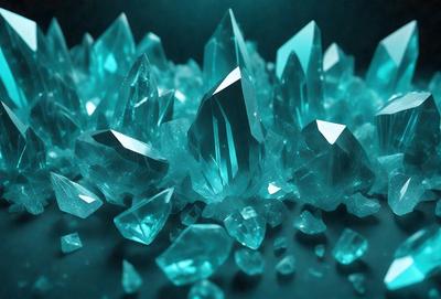 The primary subject of the image is a collection of blue crystals, which are the main objects in the scene. The setting is a dark background, which contrasts with the bright blue crystals. The visual style of the image is a close-up of the crystals, showcasing their unique shapes and textures. The colors and mood of the image are predominantly blue, creating a serene and calming atmosphere.