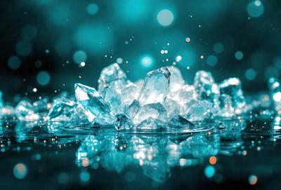 The primary subject of the image is a collection of crystals, which are floating in a blue water-like substance. The setting appears to be a dark, possibly underwater environment. The visual style of the image is a combination of photo and digital art, creating a unique and intriguing scene. The dominant colors in the image are blue and white, giving the scene a serene and calming atmosphere.