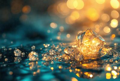 The primary subject of the image is a large, shiny crystal, which is the main focus of the scene. The setting is a body of water, possibly a lake or a pond, with a blue hue. The visual style of the image is a combination of photo and digital art, creating a unique and eye-catching effect. The colors and mood of the image are predominantly blue and yellow, with the crystal emitting a bright, glowing light.