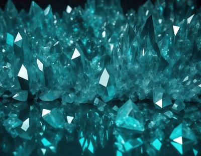 The primary subject of the image is a large cluster of blue crystals, possibly a blue crystal formation or a blue crystal wall. The setting is a dark blue background, which contrasts with the bright blue crystals. The visual style appears to be a digital art or illustration, as the crystals are depicted in a detailed and intricate manner. The colors and mood of the image are predominantly blue, creating a serene and calming atmosphere.