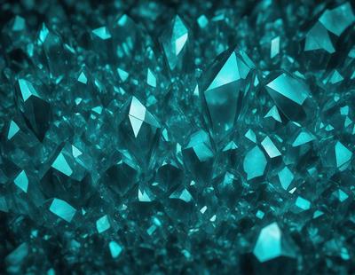 The primary subject of the image is a large cluster of blue crystals, which are the main objects in the scene. The setting is a blue background, which creates a striking contrast with the crystals. The visual style of the image is a close-up of the crystals, showcasing their intricate details. The dominant colors in the image are blue and teal, giving the scene a serene and calming atmosphere.
